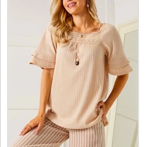 Champagne Pleated Lace-Trim Square Neck Tunic - Picture 1 of 9